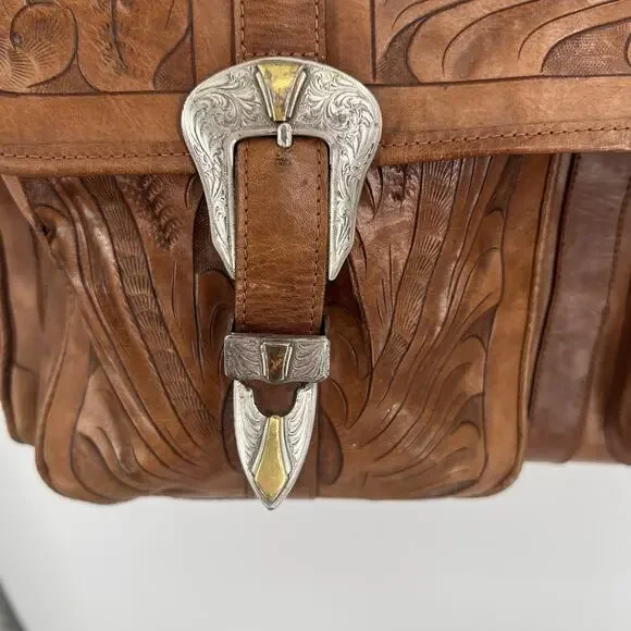 Vintage Sergios Tooled Leather Messenger Bag Shoulder Duffel Western Cowboy